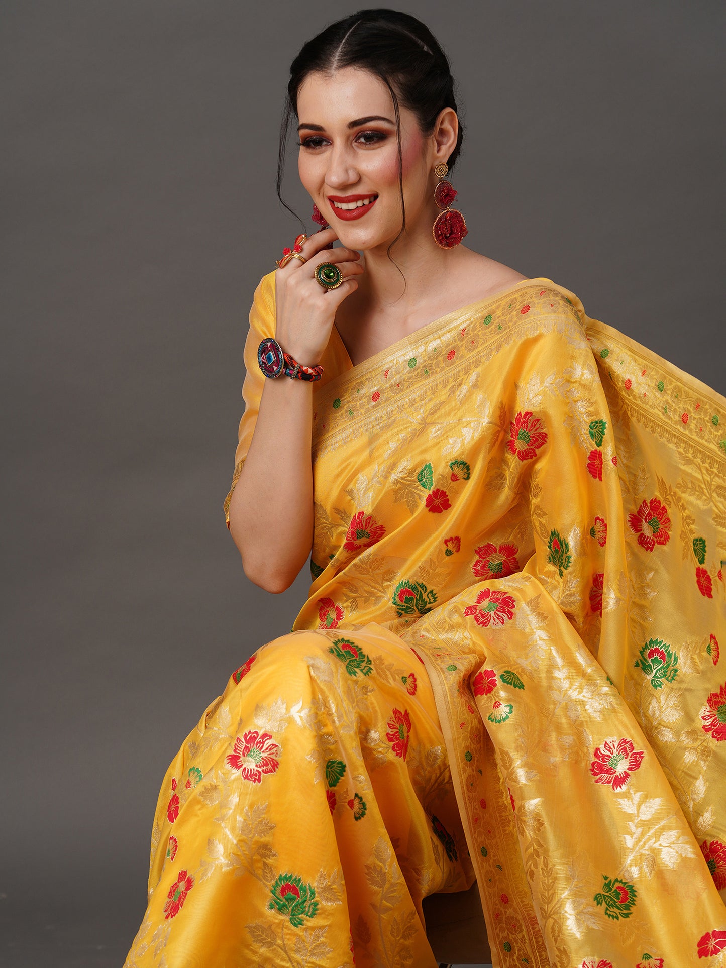 Women's Organza Yellow Woven Design Designer Saree With Blouse Piece