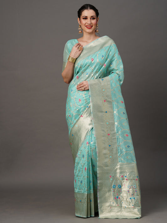 Women's Organza Turquoise Woven Design Designer Saree With Blouse Piece