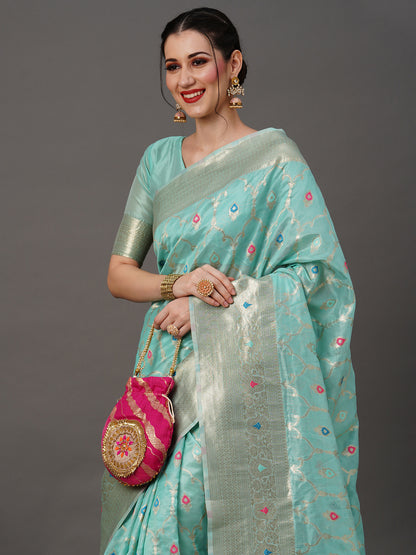Women's Organza Turquoise Woven Design Designer Saree With Blouse Piece
