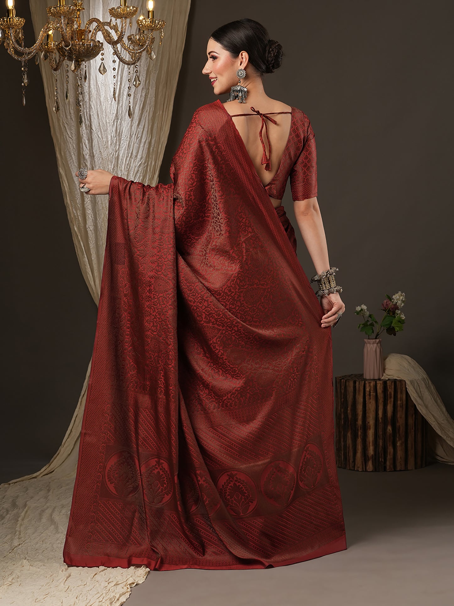 Women's Silk Blend Maroon Woven Design Designer Saree With Blouse Piece