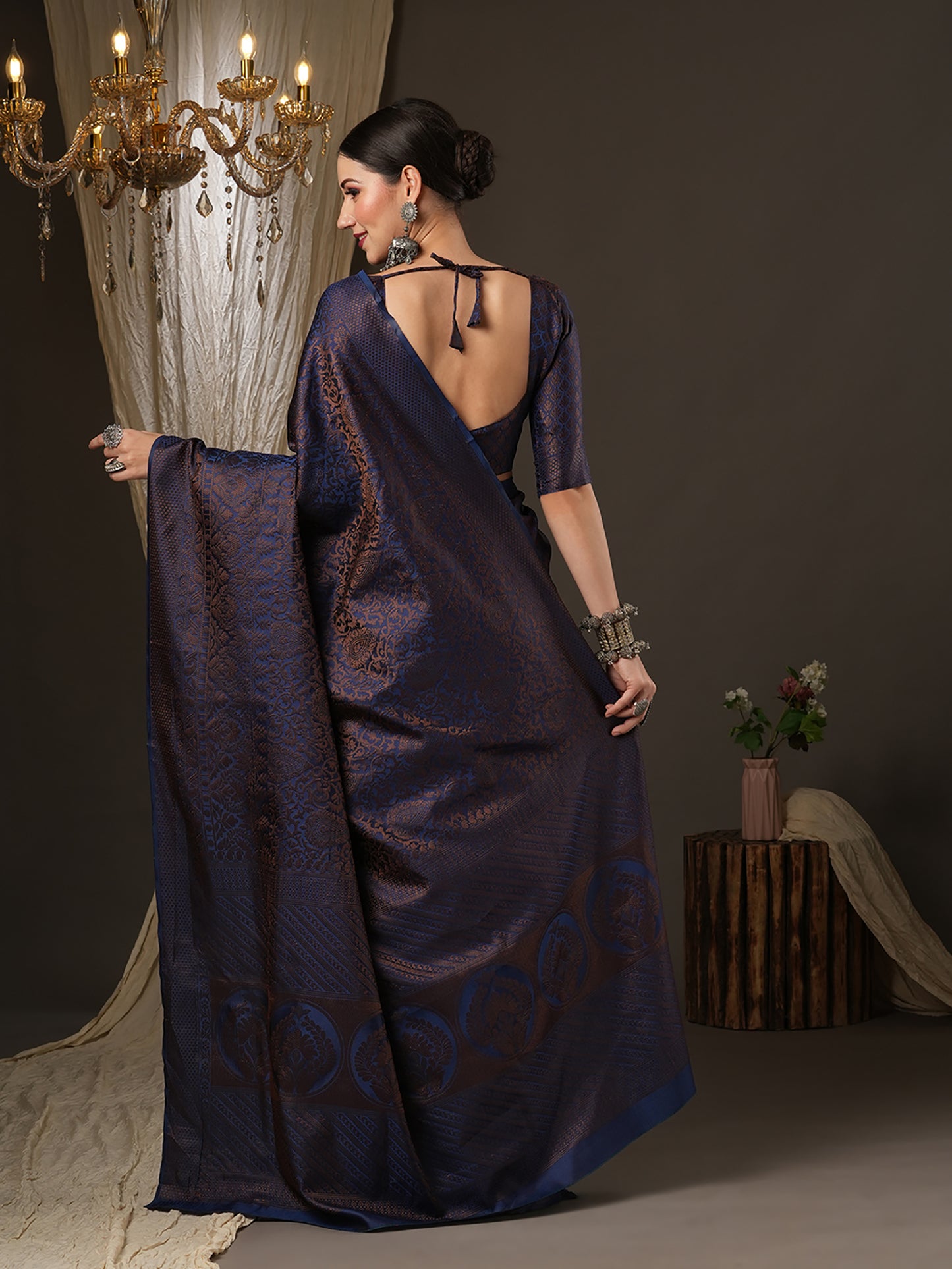Women's Silk Blend Navy Blue Woven Design Designer Saree With Blouse Piece