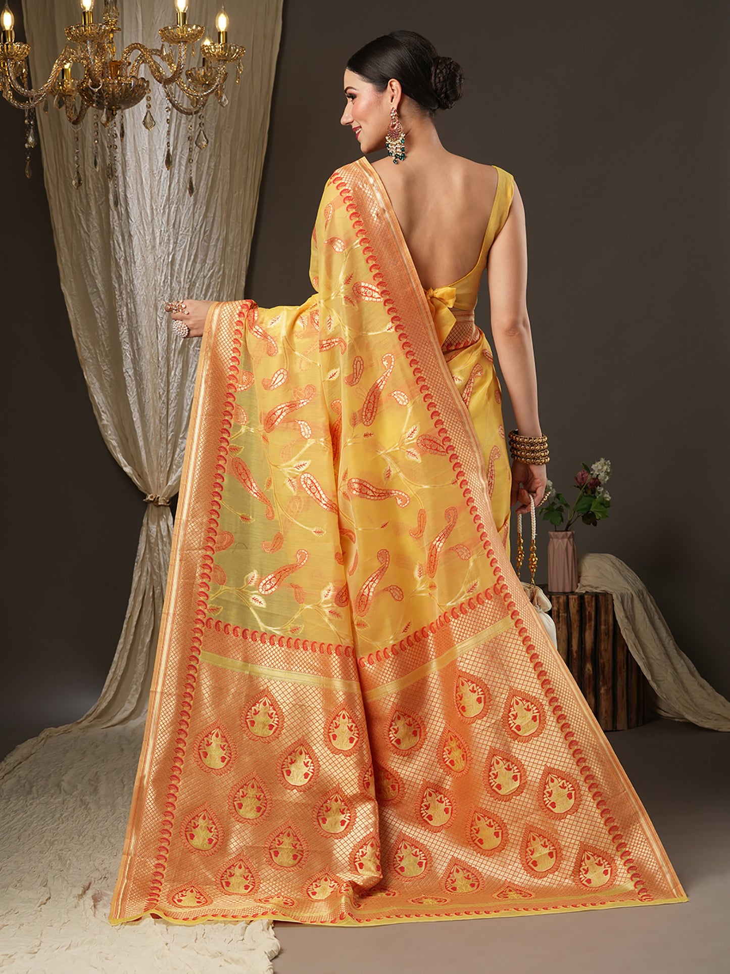 Women's Cotton Blend Yellow Woven Design Designer Saree With Blouse Piece