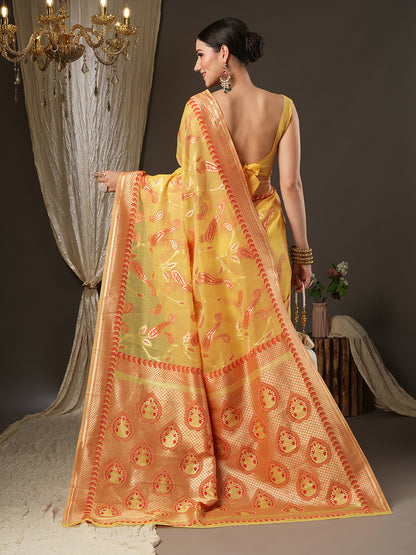 Women's Cotton Blend Yellow Woven Design Designer Saree With Blouse Piece