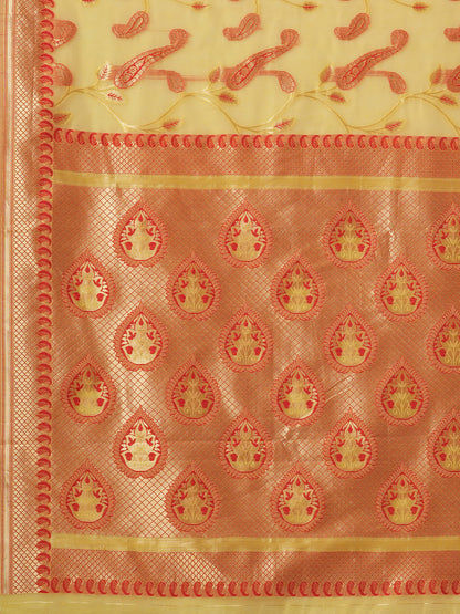 Women's Cotton Blend Yellow Woven Design Designer Saree With Blouse Piece