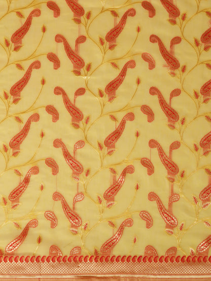 Women's Cotton Blend Yellow Woven Design Designer Saree With Blouse Piece