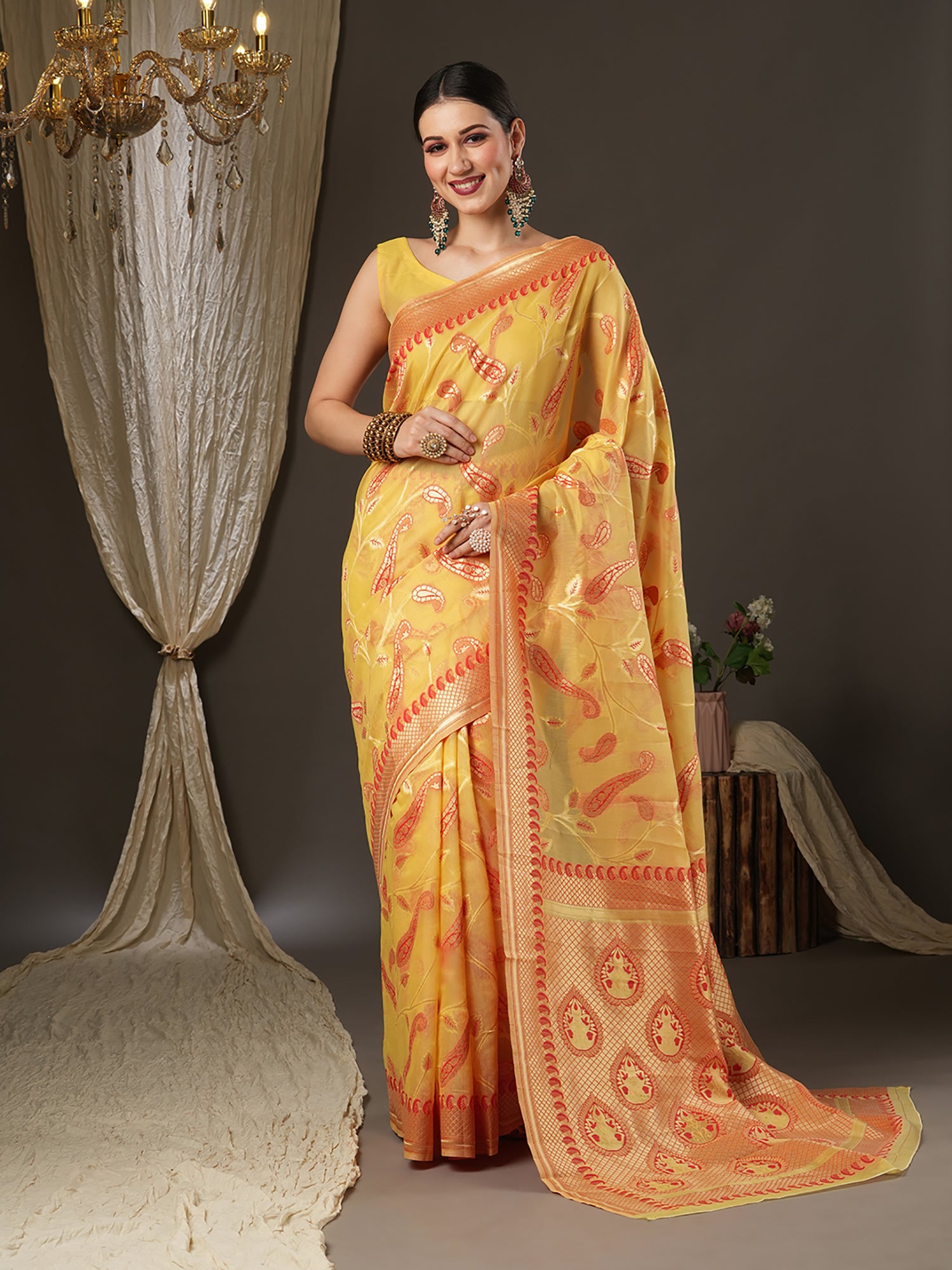 Women's Cotton Blend Yellow Woven Design Designer Saree With Blouse Piece