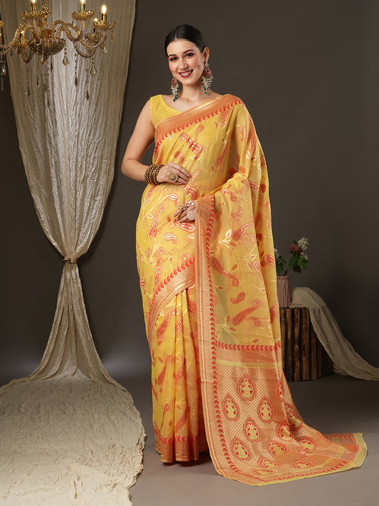 Women's Cotton Blend Yellow Woven Design Designer Saree With Blouse Piece