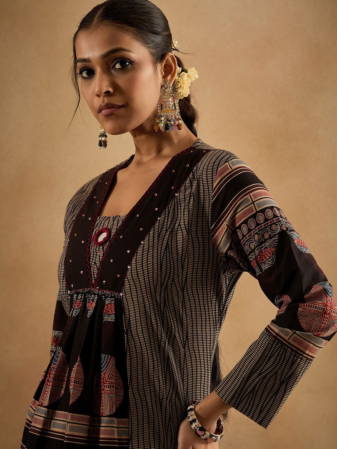 Geometric Printed Panelled Sequinned Pure Cotton A-Line Kurta With Trousers