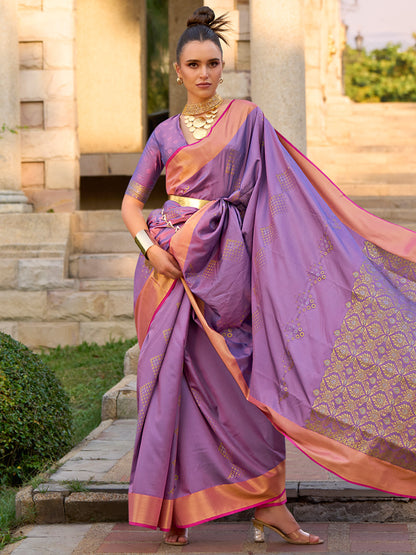 Women's Silk Blend Lavendar Woven Design Designer Saree With Blouse Piece