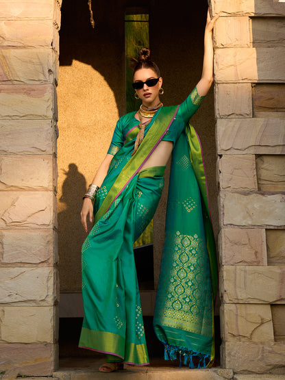 Women's Silk Blend Teal green Woven Design Designer Saree With Blouse Piece