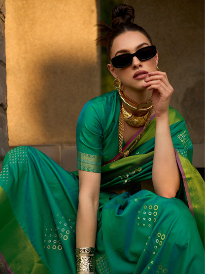 Women's Silk Blend Teal green Woven Design Designer Saree With Blouse Piece