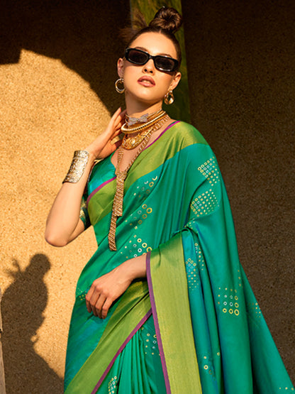 Women's Silk Blend Teal green Woven Design Designer Saree With Blouse Piece