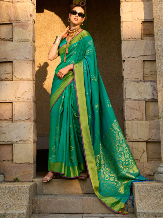 Women's Silk Blend Teal green Woven Design Designer Saree With Blouse Piece