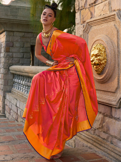 Women's Silk Blend Orange Woven Design Designer Saree With Blouse Piece