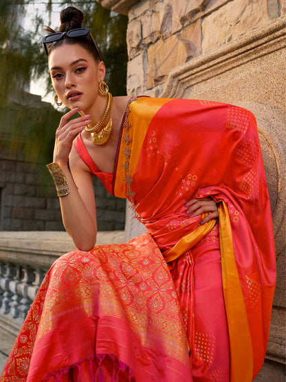 Women's Silk Blend Orange Woven Design Designer Saree With Blouse Piece