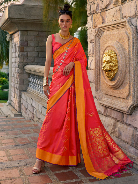 Women's Silk Blend Orange Woven Design Designer Saree With Blouse Piece
