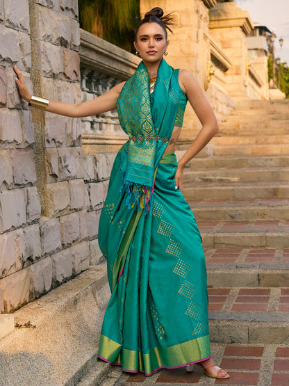 Women's Silk Blend Teal blue Woven Design Designer Saree With Blouse Piece