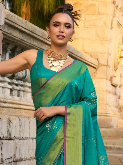 Women's Silk Blend Teal blue Woven Design Designer Saree With Blouse Piece