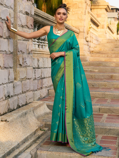 Women's Silk Blend Teal blue Woven Design Designer Saree With Blouse Piece