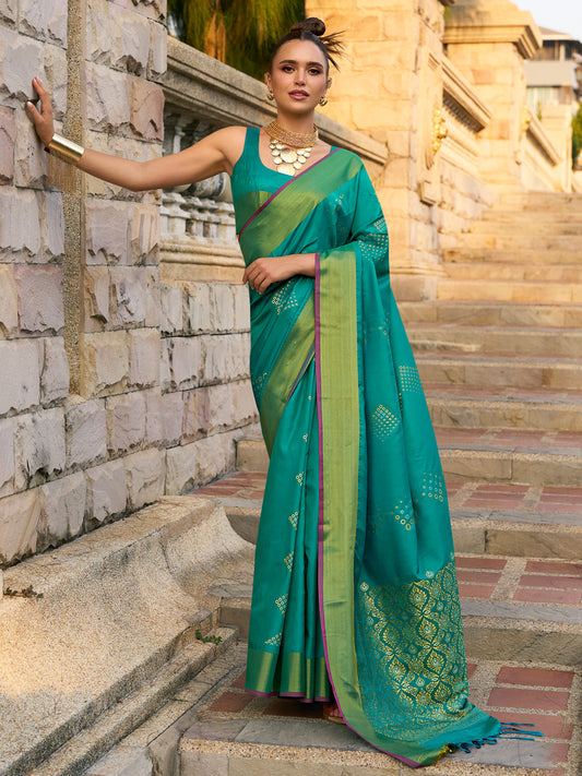 Women's Silk Blend Teal blue Woven Design Designer Saree With Blouse Piece