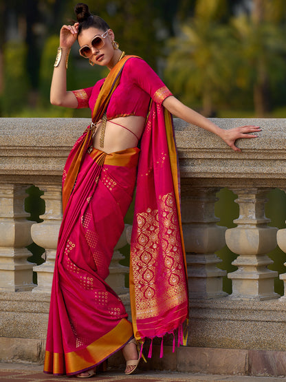 Women's Silk Blend Pink Woven Design Designer Saree With Blouse Piece