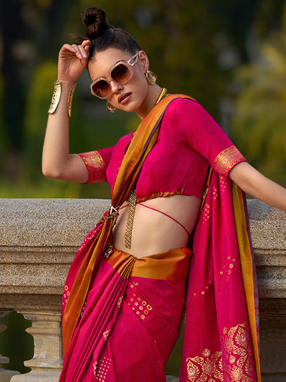 Women's Silk Blend Pink Woven Design Designer Saree With Blouse Piece