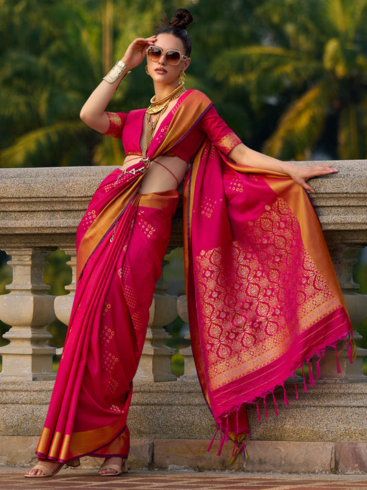 Women's Silk Blend Pink Woven Design Designer Saree With Blouse Piece