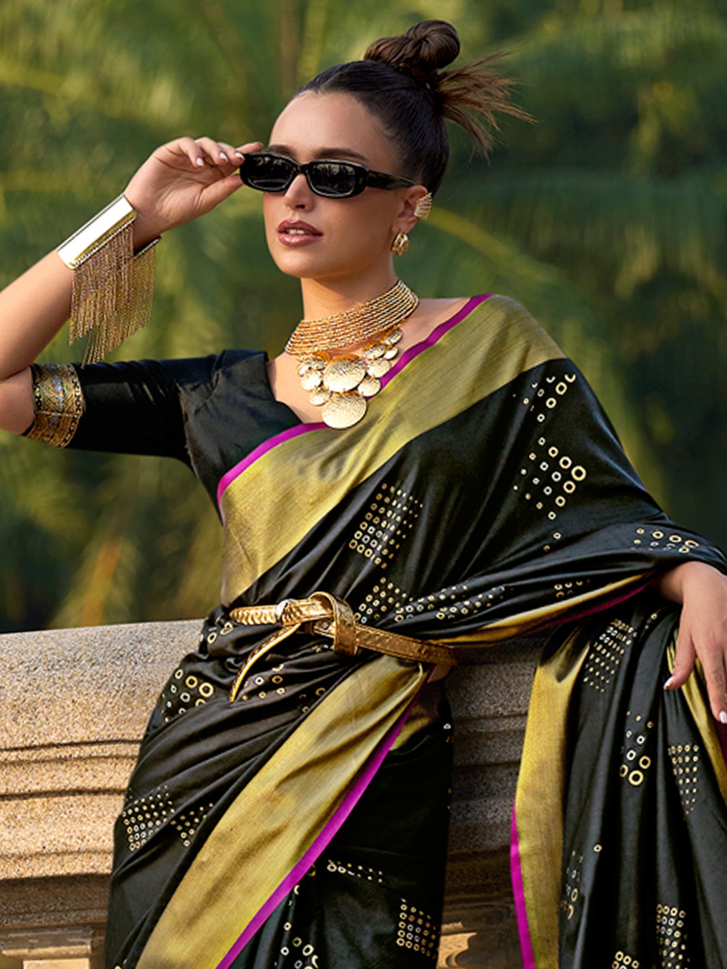 Women's Silk Blend Black Woven Design Designer Saree With Blouse Piece
