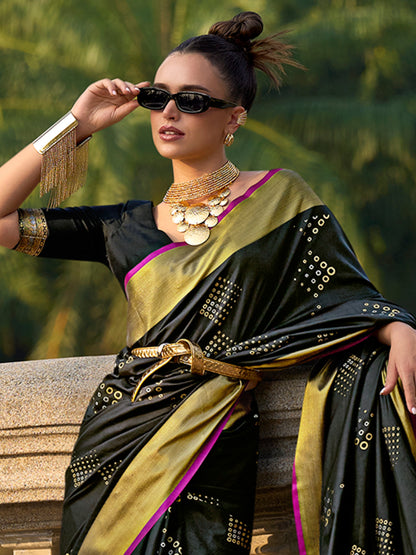 Women's Silk Blend Black Woven Design Designer Saree With Blouse Piece
