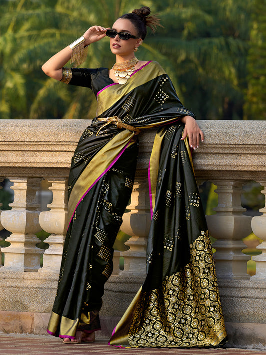 Women's Silk Blend Black Woven Design Designer Saree With Blouse Piece