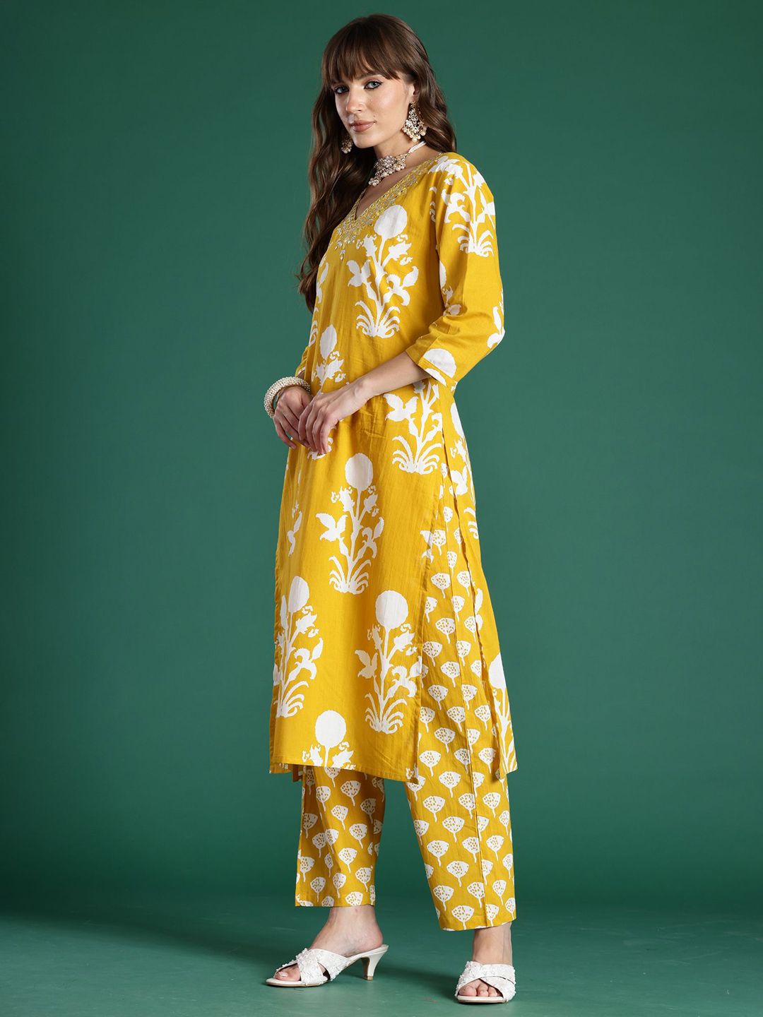 Floral Printed Mirror Work Pure Cotton Kurta With Trousers & Dupatta