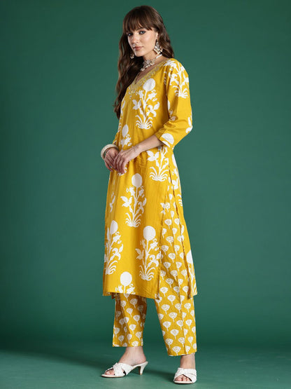 Floral Printed Mirror Work Pure Cotton Kurta With Trousers & Dupatta