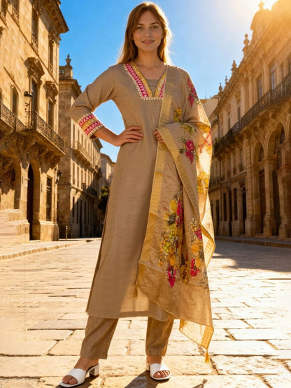 Women Floral Embroidered Regular Thread Work Raw Silk Kurta with Trousers & With Dupatta