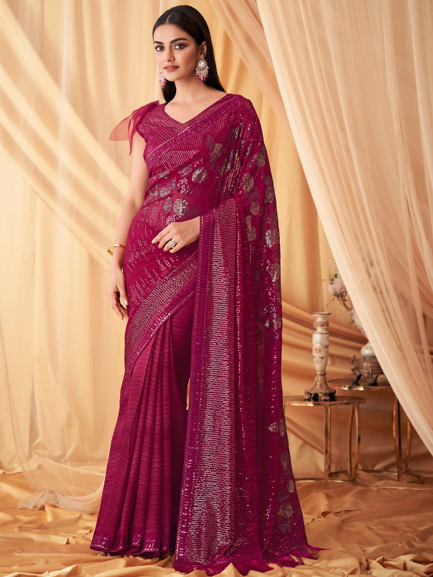 Women's Georgette Pink Embellished Designer Saree With Blouse Piece