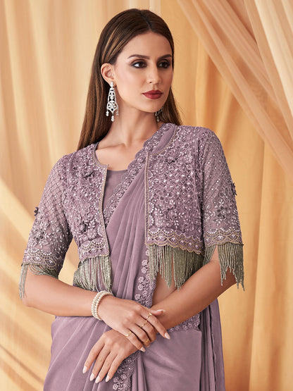 Women's Georgette Lavendar Embellished Designer Saree With Blouse Piece