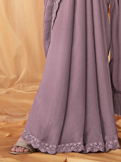 Women's Georgette Lavendar Embellished Designer Saree With Blouse Piece