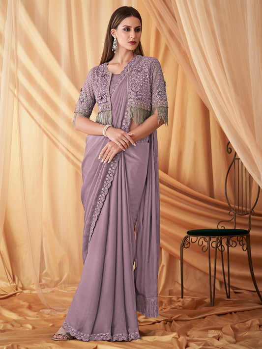 Women's Georgette Lavendar Embellished Designer Saree With Blouse Piece