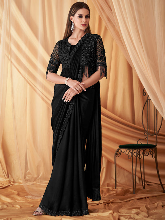 Women's Georgette Black Embellished Designer Saree With Blouse Piece