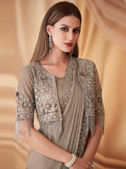 Women's Georgette Grey Embellished Designer Saree With Blouse Piece