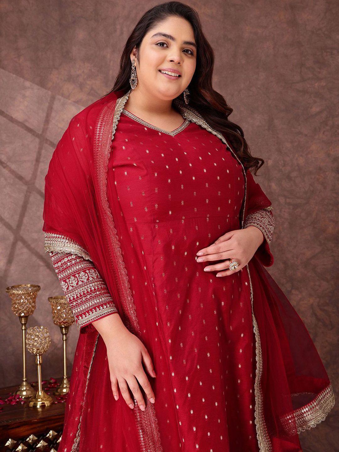 Dhiyona IN Woven Design V Neck A Line Chanderi Silk Kurta With Trousers & Dupatta