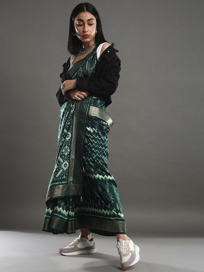 Women's Silk Blend Dark Green Woven Design Designer Saree With Blouse Piece