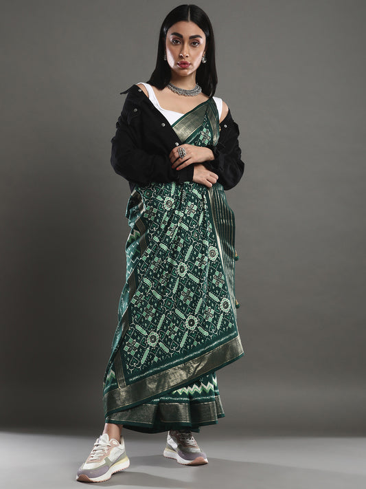Women's Silk Blend Dark Green Woven Design Designer Saree With Blouse Piece
