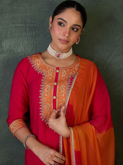 Ethnic Motifs Embroidered Straight Thread Work Kurta With Trouser & Dupatta