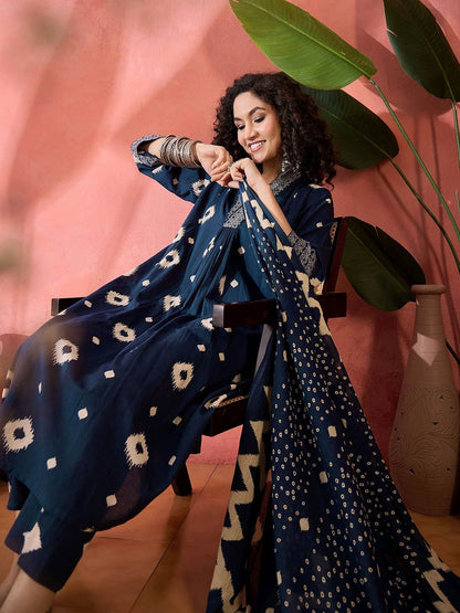 Dhiyona SN Women's Geometric Printed V-Neck Pleated Pure Cotton A-Line Kurta With Trouser And Dupatta