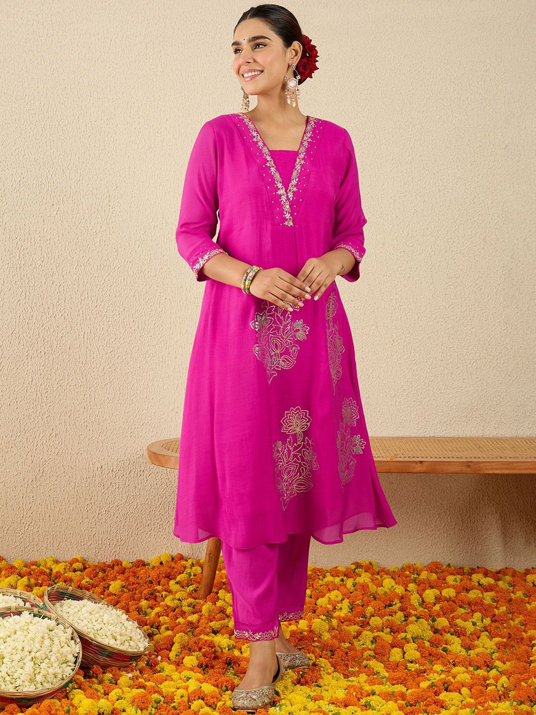 Floral Embroidered Square Neck Gotta Patti A-Line Kurta With Trousers