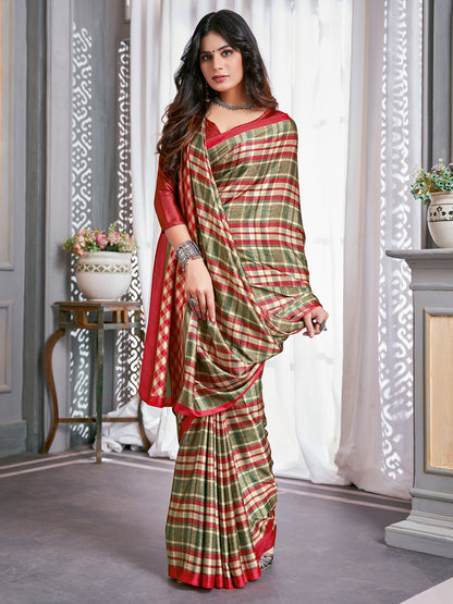 Women's Crepe Olive Digital Print Designer Saree With Blouse Piece