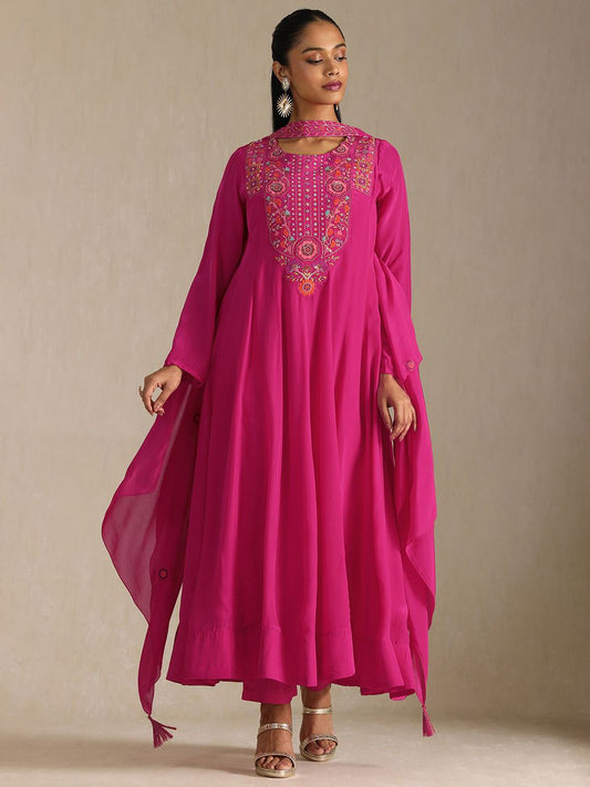 Dhiyona SO Women's Women Floral Printed Regular Sequinned Silk Crepe Kurta with Trousers & With Dupatta