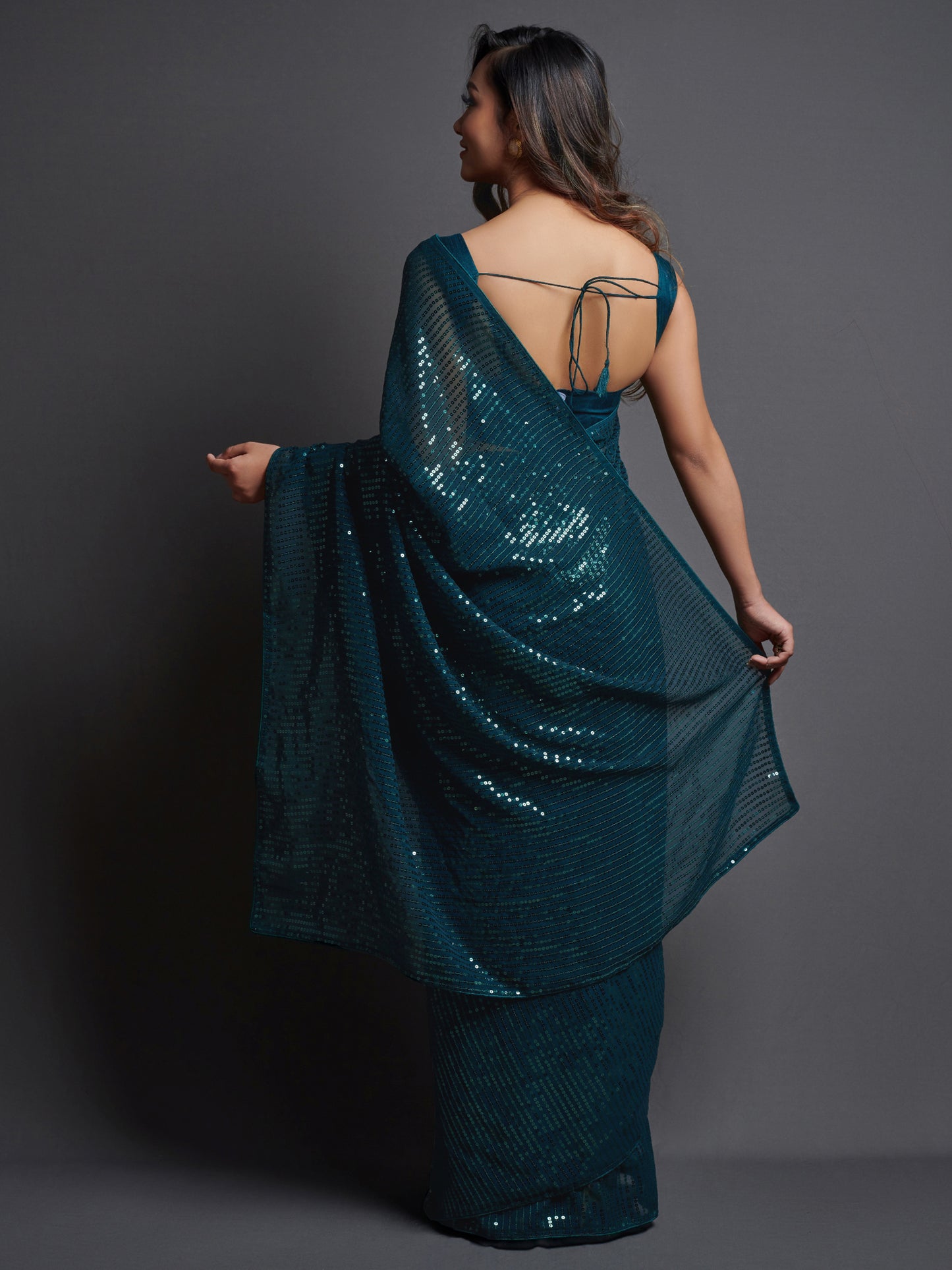 Women's Georgette Teal blue Embellished Designer Saree With Blouse Piece