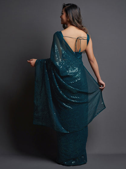 Women's Georgette Teal blue Embellished Designer Saree With Blouse Piece
