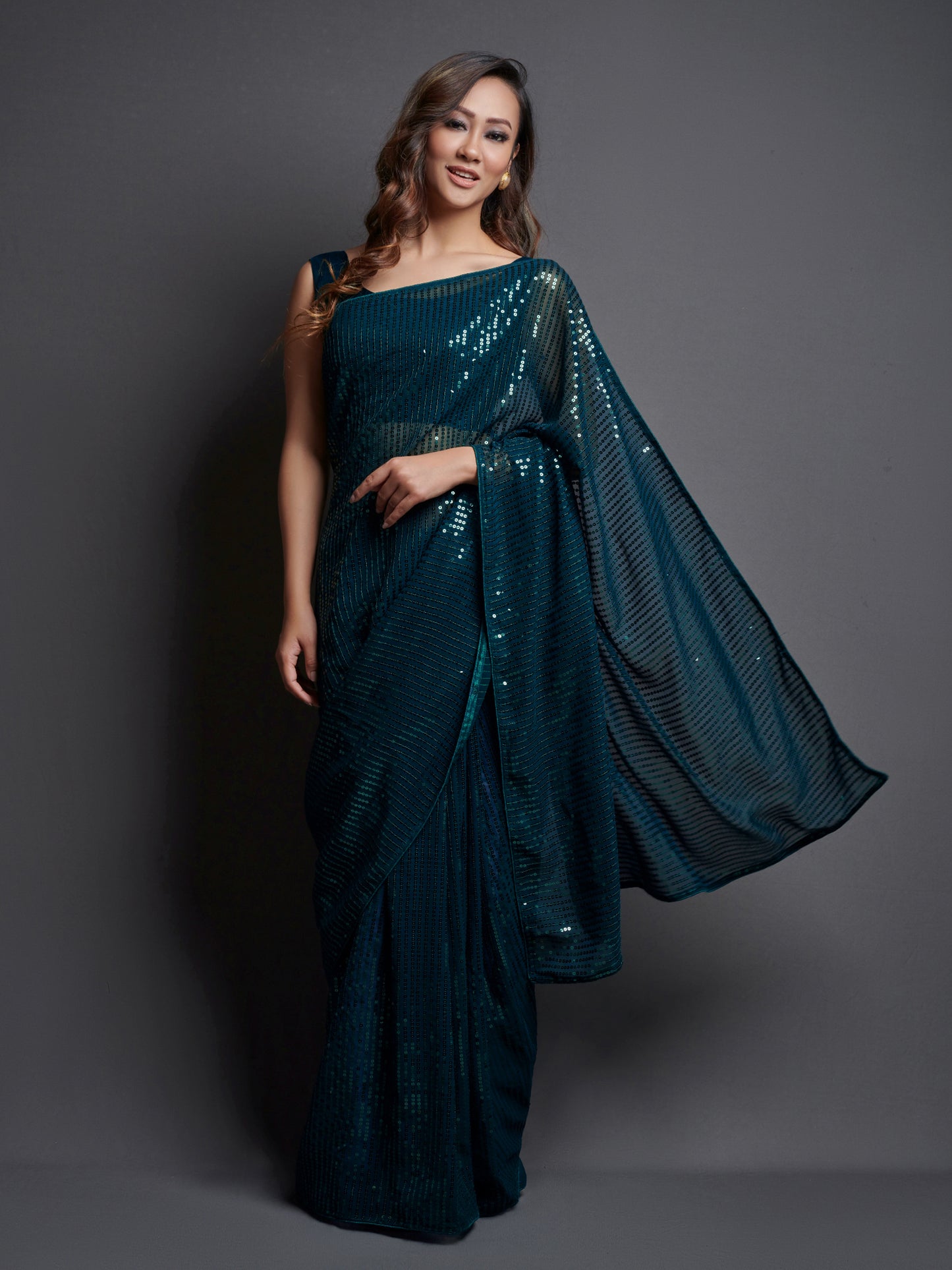 Women's Georgette Teal blue Embellished Designer Saree With Blouse Piece